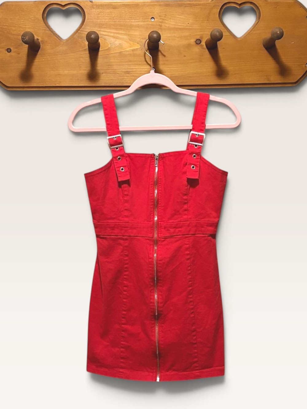 Forever 21 Red Pinafore Mini Dress M Exposed Zip Buckle Straps Y2K